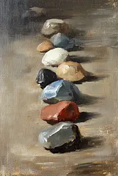 Midjourney generated image using SREF code Serpent's Gaze: A painting of a row of rocks on a beach.