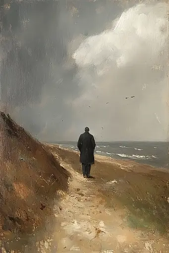 Midjourney generated image using SREF code Serpent's Gaze: A painting of a man walking down a path by the ocean.