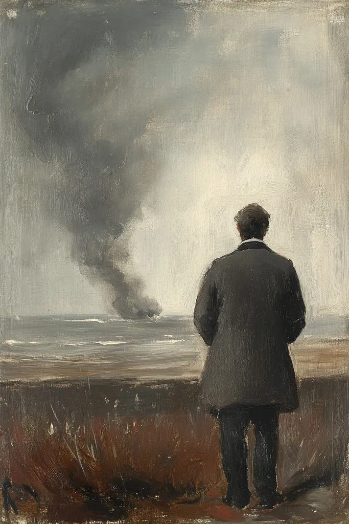 Midjourney generated image using SREF code Serpent's Gaze: A painting of a man standing in front of a large plume of smoke.