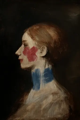 Midjourney generated image using SREF code Serpent's Gaze: A painting of a woman with red and blue paint on her face.