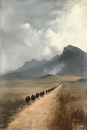 Midjourney generated image using SREF code Serpent's Gaze: A painting of a herd of cattle walking down a dirt road.