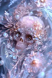 Midjourney generated image using SREF code Gossamer Dreams: A close up of a skull with flowers on it.