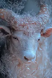 Midjourney generated image using SREF code Gossamer Dreams: A close up of a goat with bubbles on its head.