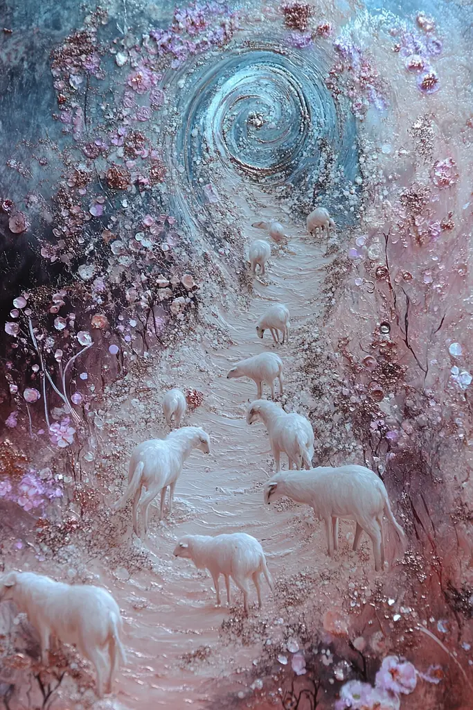 Midjourney generated image using SREF code Gossamer Dreams: A painting of a group of sheep walking down a path.