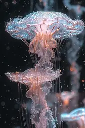 Midjourney generated image using SREF code Gossamer Dreams: A group of jellyfish floating in the water.