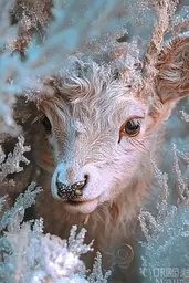 Midjourney generated image using SREF code Gossamer Dreams: A close up of a baby goat in the snow.