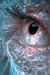 Midjourney generated image using SREF code Gossamer Dreams: a close up of a person's eye with water droplets on it