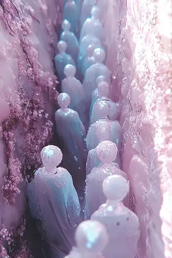 Midjourney generated image using SREF code Gossamer Dreams: A group of figurines are lined up in a tunnel.