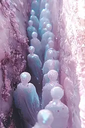 Midjourney generated image using SREF code Gossamer Dreams: A group of figurines are lined up in a tunnel.