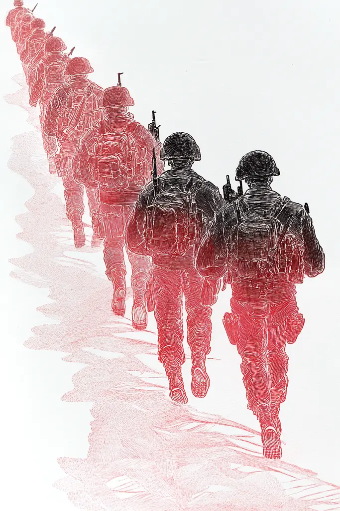 Midjourney generated image using SREF code Chimeric Flow: A group of soldiers walking down a snowy road.