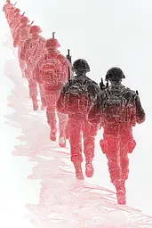 Midjourney generated image using SREF code Chimeric Flow: A group of soldiers walking down a snowy road.