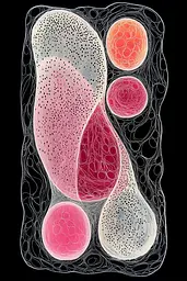 Midjourney generated image using SREF code Chimeric Flow: A drawing of a black background with pink and orange circles.