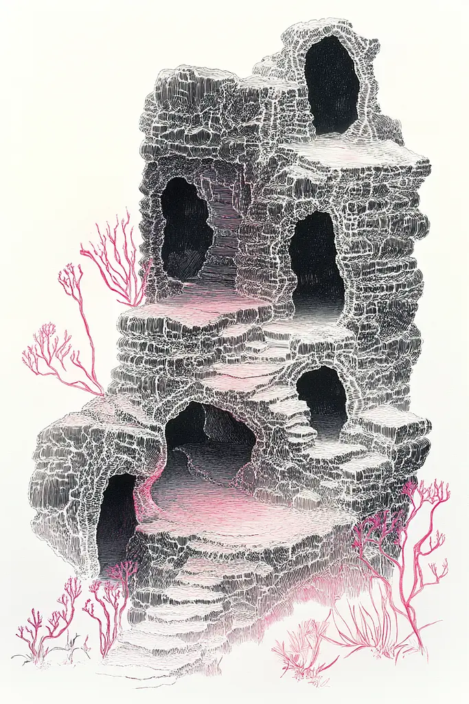 Midjourney generated image using SREF code Chimeric Flow: A drawing of a cave with red coral growing out of it.