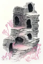 Midjourney generated image using SREF code Chimeric Flow: A drawing of a cave with red coral growing out of it.