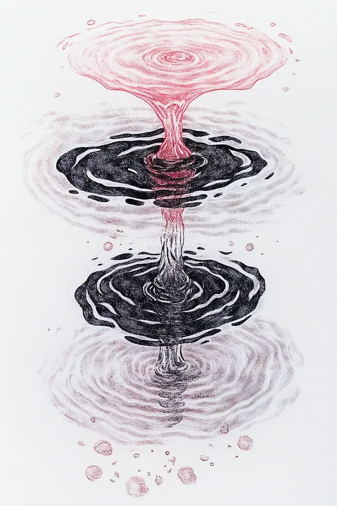 Midjourney generated image using SREF code Chimeric Flow: A drawing of a pink and black water drop in the middle of a pond.