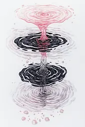 Midjourney generated image using SREF code Chimeric Flow: A drawing of a pink and black water drop in the middle of a pond.