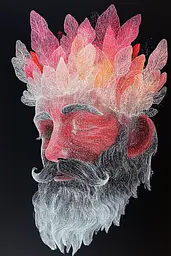 Midjourney generated image using SREF code Chimeric Flow: A drawing of a man with a beard and feathers on his head.