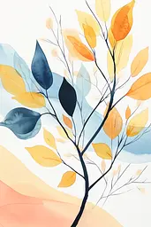 Midjourney generated image using SREF code Fluid Whimsy: A painting of a tree with yellow and blue leaves.