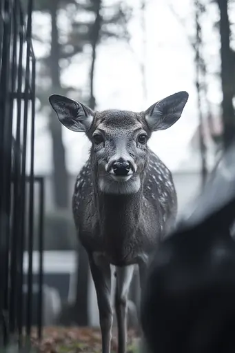 Midjourney generated image using SREF code Prism Muse: A deer standing in front of a metal fence.