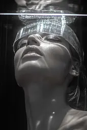 Midjourney generated image using SREF code Prism Muse: A woman with a silver cap on her head in a glass case.