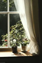 Midjourney generated image using SREF code Urban Solitude: A window sill with two potted plants on it.