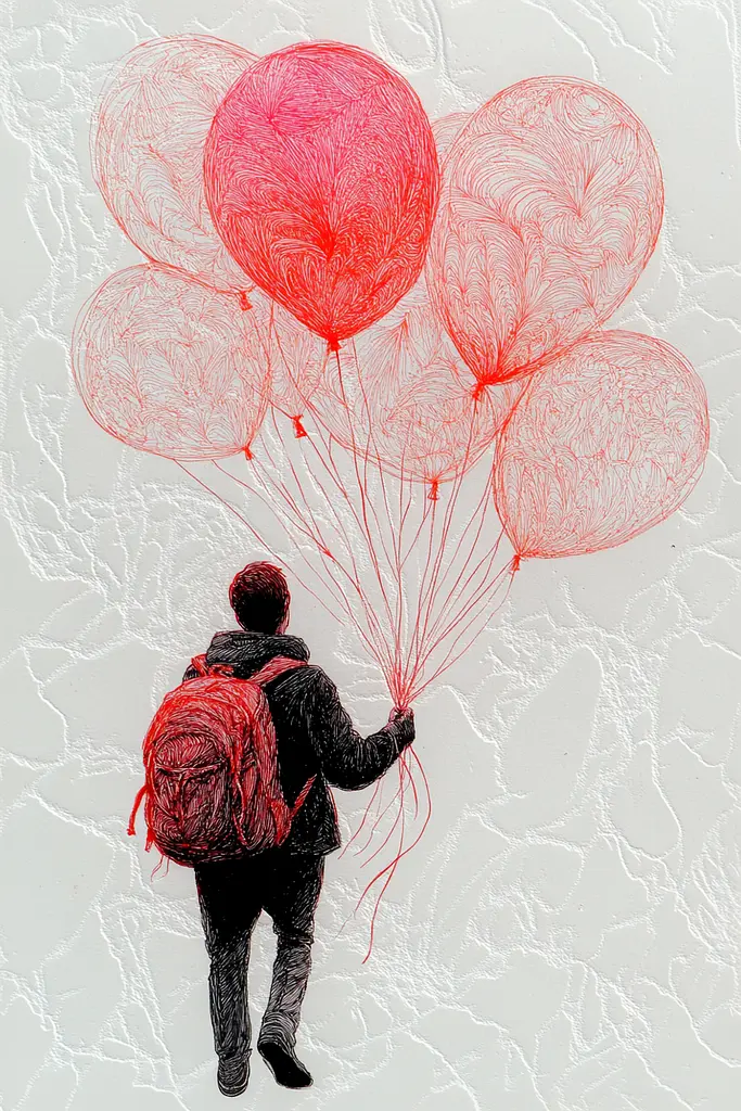 Midjourney generated image using SREF code Chimeric Flow: A drawing of a person holding a bunch of red balloons.