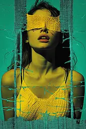 Midjourney generated image using SREF code Electric Fever Dreams: A woman in a yellow dress with a blindfold on her face.