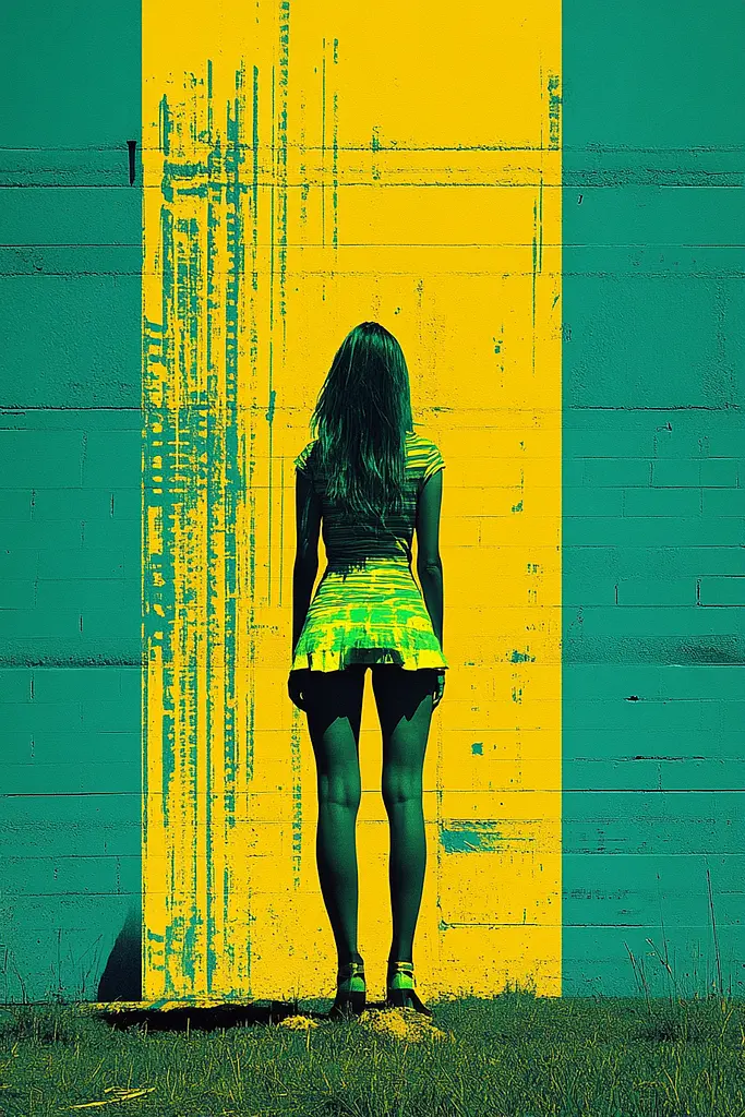 Midjourney generated image using SREF code Electric Fever Dreams: A woman standing in front of a yellow and green wall.