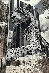 Midjourney generated image using SREF code Surreal Reflections: A black and white photo of a leopard sitting on a rock.