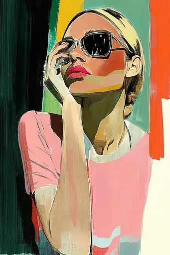 Midjourney generated image using SREF code Tinted Tableaux: A painting of a woman wearing sunglasses and a pink shirt.