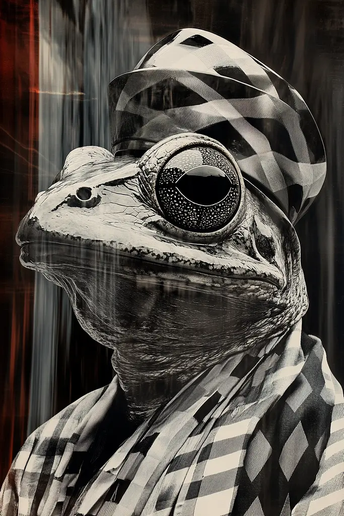 Midjourney generated image using SREF code Surreal Reflections: A frog wearing a hat and a checkered shirt.