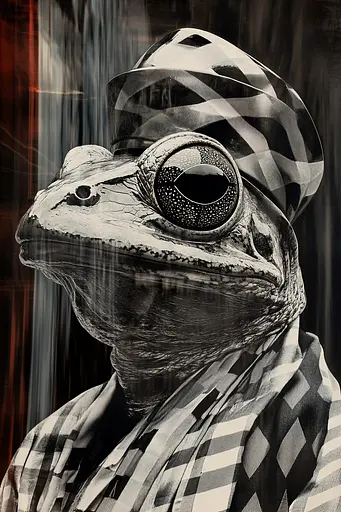 Midjourney generated image using SREF code Surreal Reflections: A frog wearing a hat and a checkered shirt.