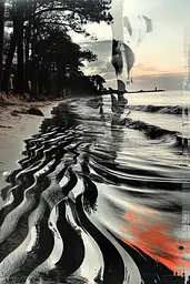 Midjourney generated image using SREF code Surreal Reflections: A black and white photo of a beach with trees in the background.