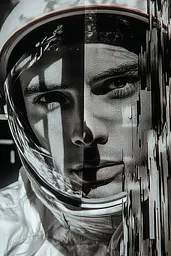 Midjourney generated image using SREF code Surreal Reflections: A black and white photo of a man in a space suit.