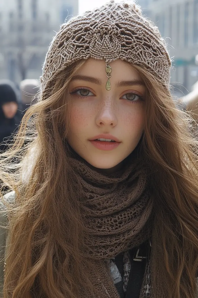 Midjourney generated image using SREF code Celestial Spice: A woman with long brown hair wearing a knitted hat and scarf.