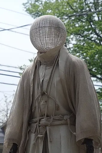 Midjourney generated image using SREF code Celestial Spice: A mannequin dressed in a burlap suit with a mesh head.