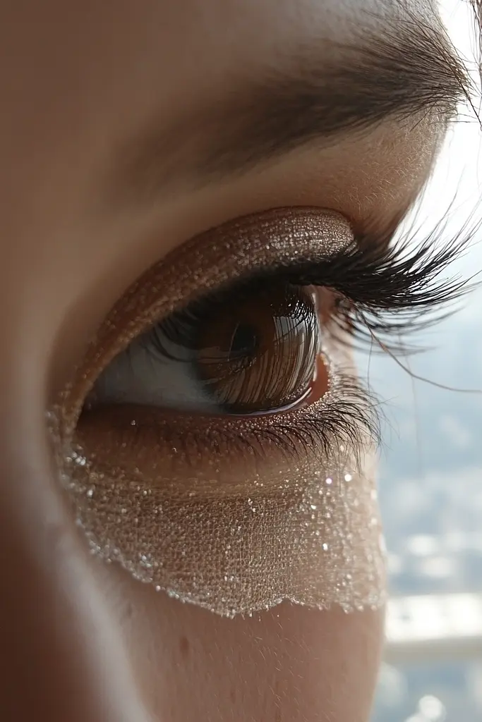 Midjourney generated image using SREF code Celestial Spice: A close up of a woman's eye with glitter on it.