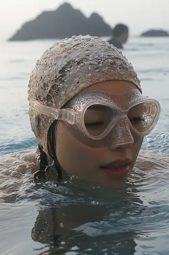 Midjourney generated image using SREF code Celestial Spice: A woman wearing a swimming cap and goggles in the water.