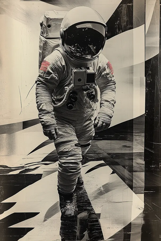 Midjourney generated image using SREF code Surreal Reflections: A black and white photo of an astronaut walking down a hallway.