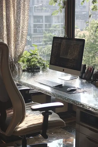 Midjourney generated image using SREF code Celestial Spice: A desk with a computer and a chair in front of a window.