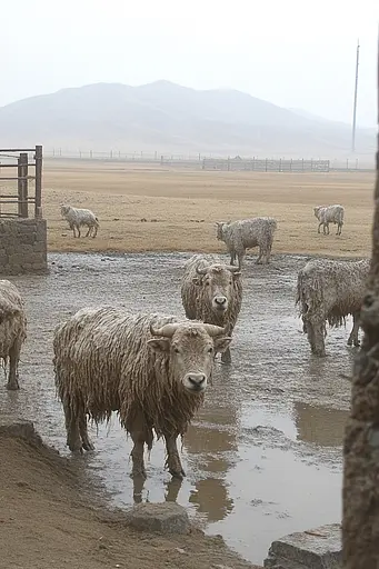 Midjourney generated image using SREF code Celestial Spice: A herd of sheep standing in a muddy field.