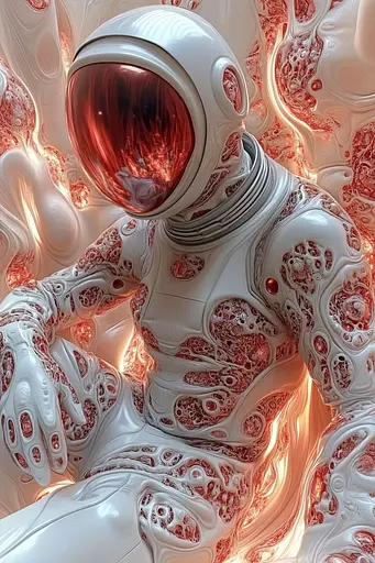 Midjourney generated image using SREF code Sanguine Elegance: A man in a white space suit sitting in front of a red background.