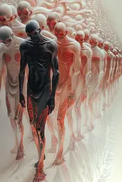 Midjourney generated image using SREF code Sanguine Elegance: A group of people walking in a line with blood on their bodies.