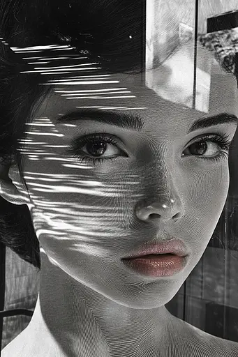 Midjourney generated image using SREF code Surreal Reflections: A black and white photo of a woman's face.