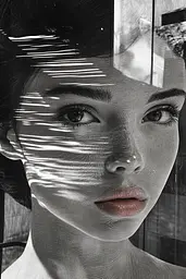 Midjourney generated image using SREF code Surreal Reflections: A black and white photo of a woman's face.