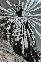 Midjourney generated image using SREF code Surreal Reflections: A black and white photo of a man standing on a rock.