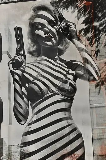 Midjourney generated image using SREF code Surreal Reflections: A black and white photo of a woman holding two pistols.