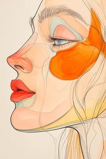 Midjourney generated image using SREF code Sunkissed Embrace: A drawing of a woman's face with orange paint on her face.