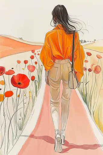 Midjourney generated image using SREF code Sunkissed Embrace: A woman walking down a path in a field of poppies.