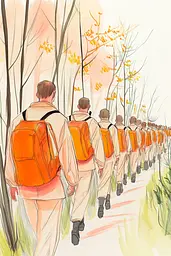 Midjourney generated image using SREF code Sunkissed Embrace: A group of people walking down a path with backpacks.